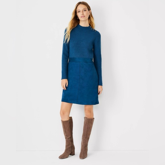 Ann Taylor NWT | Petite Mock Neck Faux Suede Sweater Dress in Blue | MP - Picture 1 of 6